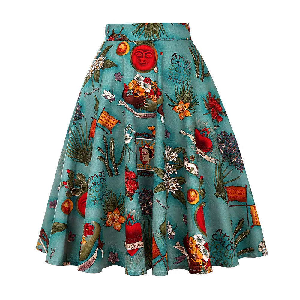 

2024 Floral Print Womens Skirts Summer Green High Waist Pin Up Knee Length Swing Skirt 50s VD0020 Faldas Mujer