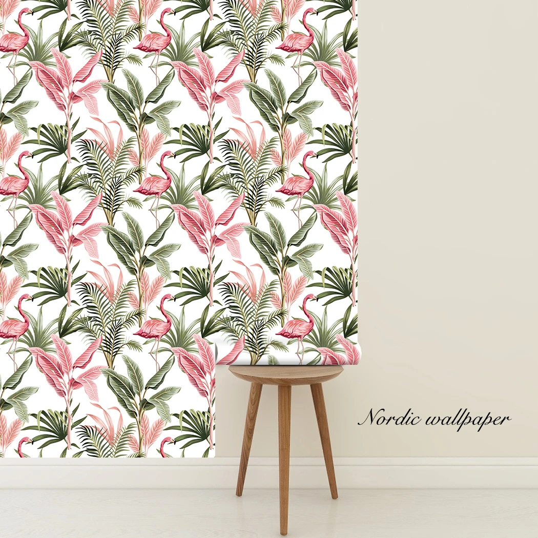 Watercolor Pink Flamingo Tropical Peel and Stick Wallpaper Removable Green Leaf Vinyl Self Adhesive Wallpaper for Wall Decor