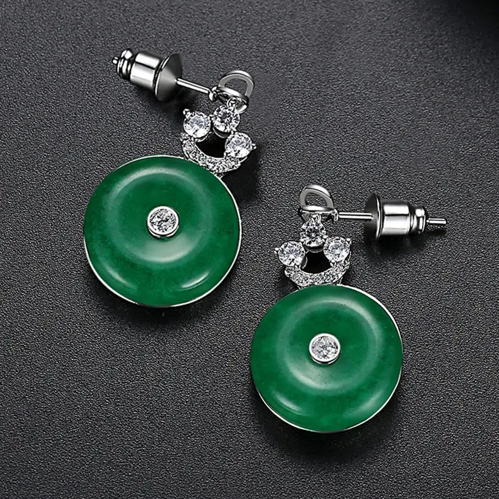 LUOTEEMI Elegant Round Green Imitation Jade Drop Earrings for Women Tranditional Women Wedding Bridal Accessories Friend Gifts