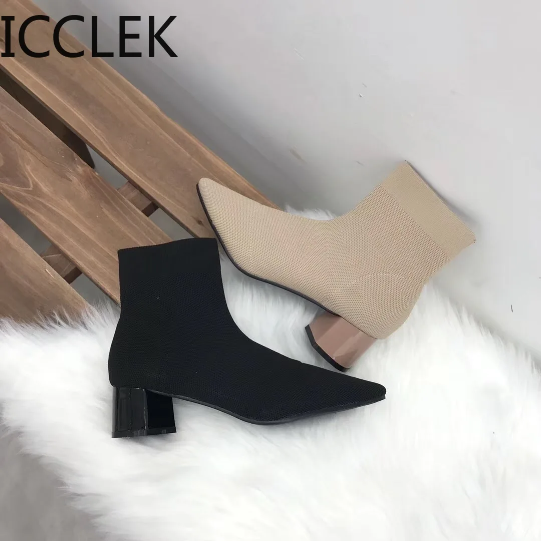 Women Knitting Elastic Ankle Boots Autumn Square Middle Heels Female Pointed Toe Short Sock Boot Ladies Casual Fashion Shoes A84