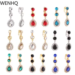 WENHQ 12 Colors High-grade Rhinestone Crystal Tear Drop Shape Clip on Earrings No Pierced for Women Wedding No Hole Ear Clip New