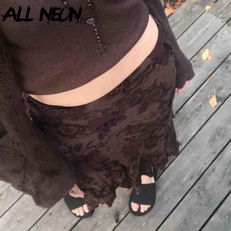 ALLNeon Fairy Grunge Aesthetics Brown Mesh Midi Skirts Y2K Streetwear Low Waist Printing A-line Skirt Elfcore Outfits Retro Fall