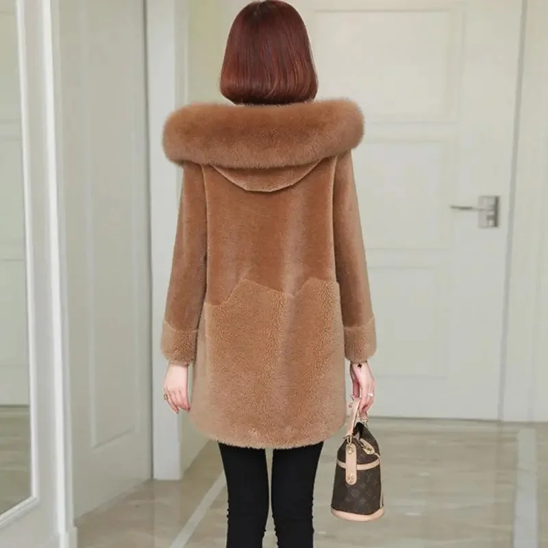 Women Faux Fur lamb Plush Coat 2023 Thicken Autumn Winter Sheep Shearing Overcoat Women Coat Jacket Femme Hooded Warm Jacket C