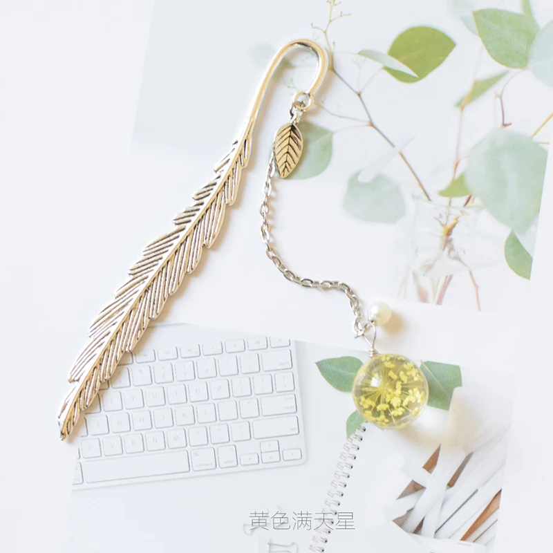 Crystal Pendant Bookmark Metal Leaves Chinese Style Bookmark Dried Flower Pendant Bookmark Gift Stationery For School 1PC