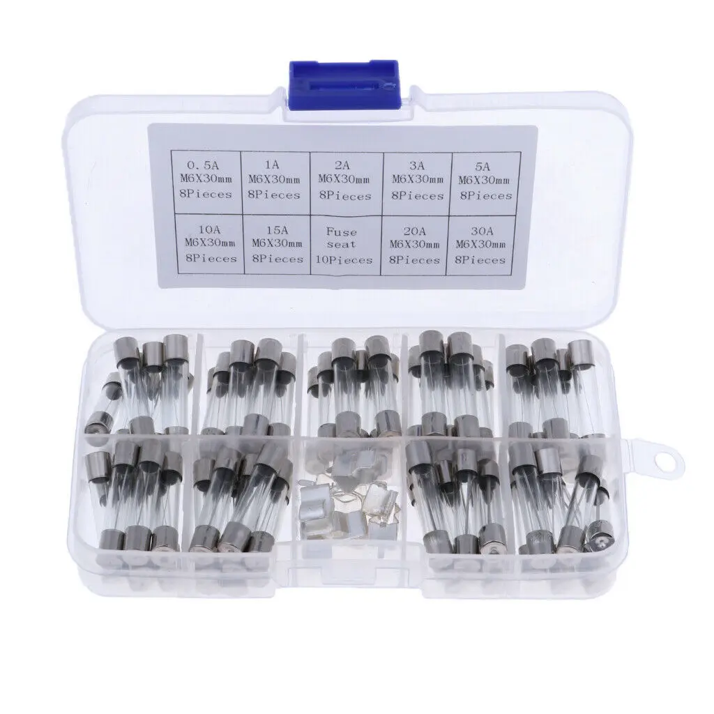 72pcs/lot 6x30mm Fast-blow Glass Fuses Quick Blow Car Glass Tube Fuses Assorted Kit Amp seat  home fuse with box thermo fuse