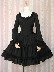 Autumn Winter Women's Lolita Dress Black Bow Tie Long Sleeve Dress bowknot cute printing victorian dress kawaii girl gothic
