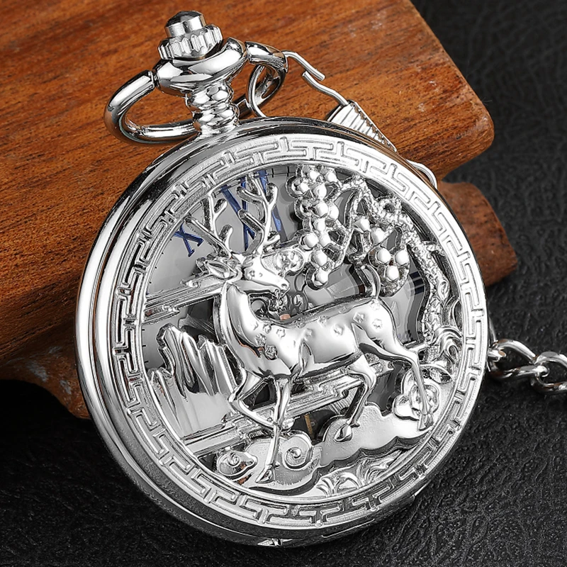 

Sliver Deer Mechanical Pocket Watch Male Antique Vintage Hollow Steampunk Skeleton Luxury Engraved Gold Fob Chain Clock for Men