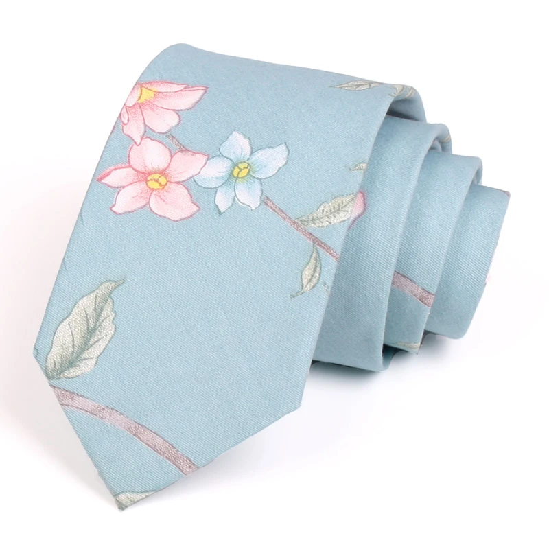 

7CM Light Blue Tie For Men Business Suit Work Necktie High Quality Fashion Formal Neck Tie Men‘s Flower Print Cotton Ties