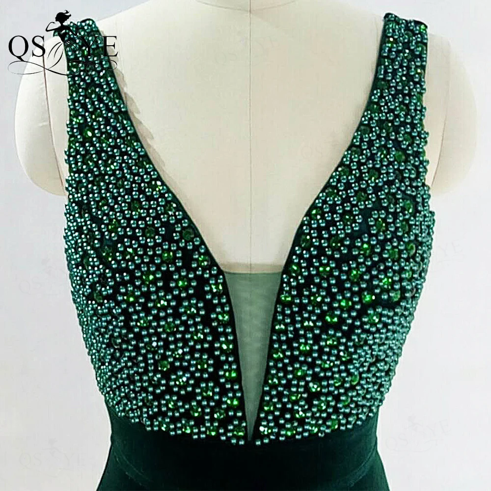 Vestido de noche de terciopelo con perlas verdes, traje de fiesta de sirena, Sexy, con cuello en V, espalda abierta, Formal, tren de barrido, sin mangas