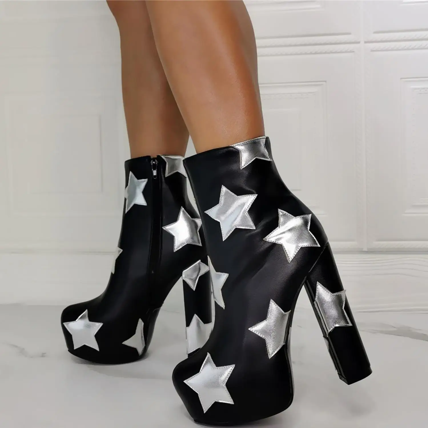 

Cute Stars Print Round Toe Waterproof Super High Platform High Chunky Heel Ankle Boots For Women Customized Big Size 47