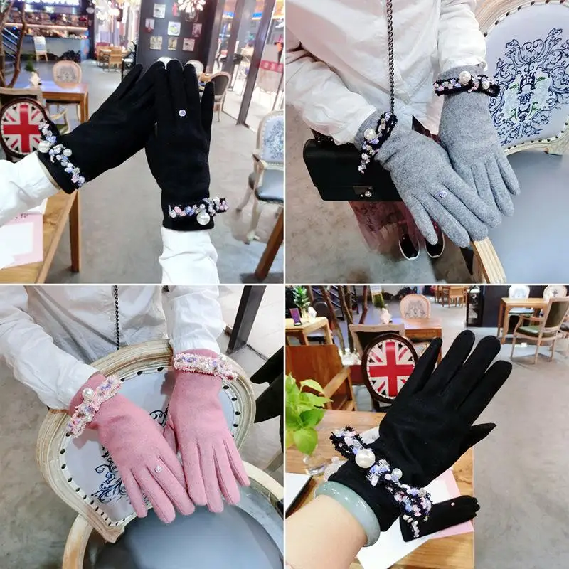 Sweet Pearl Woolen Cashmere Wool Gloves Fashion Tassels Bowknot Handmade Models Finger Thick Warmth Touch Screen Gloves Women