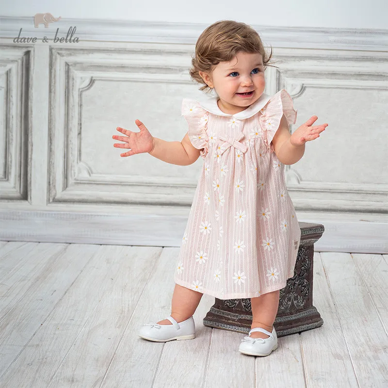 DBJ14119 dave bella summer baby girl\'s princess bow floral zipper dress children fashion party dress kids infant lolita clothes