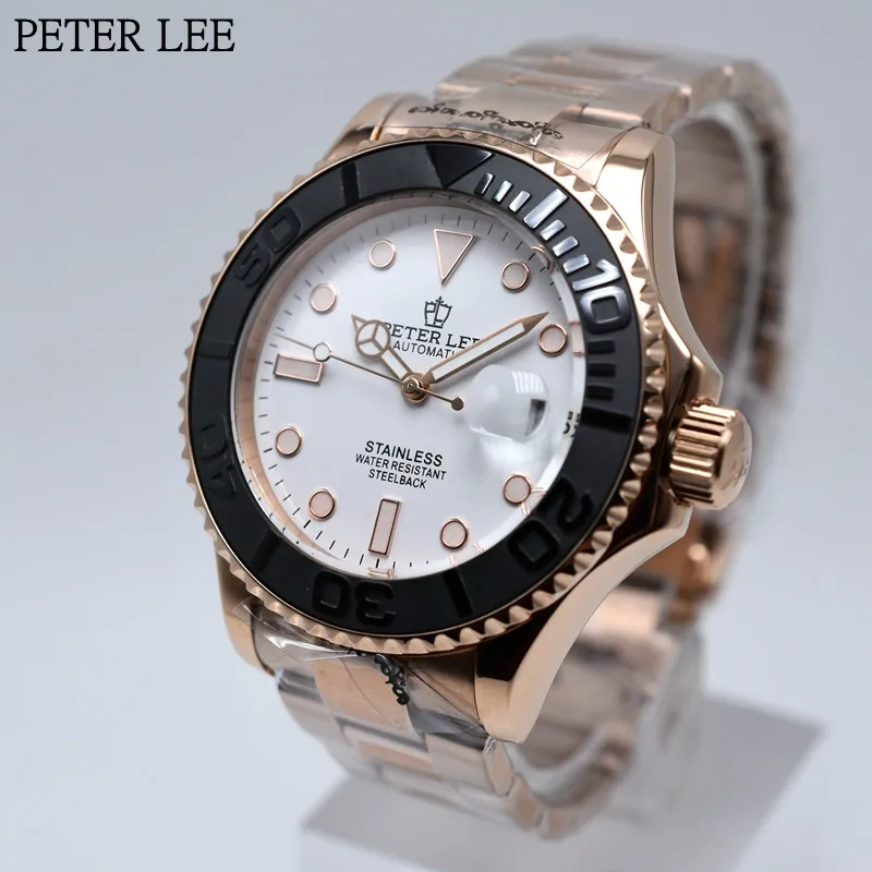 

PETER LEE Brand 40mm Luxury Mechanical Automatic Men Watches Ceramic Bezel Auto Date Watches Stainless Steel Gold Wristwatches