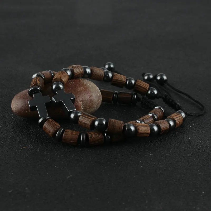 Hematite Cross Charm Bracelet Handmade Adjustable String Chain Lucky Wooden Beads Bracelets for Women Men Jewelry Friend Gift