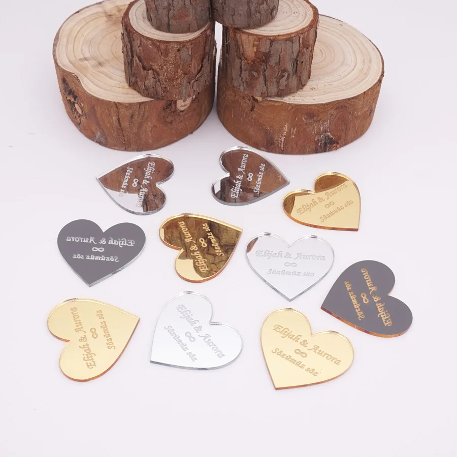 4cm,6cm Heart Shape Wedding Guest Gift Decoration Acrylic Mirror Tag Custom Groom And Bride Name Couple Souvenir