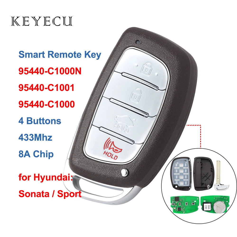 

Keyecu CQOFD00120 Smart Remote Key Fob 4 Buttons 433MHz 8A Chip for Hyundai Sonata Sport 95440-C1000N, 95440-C1001, 95440-C1000