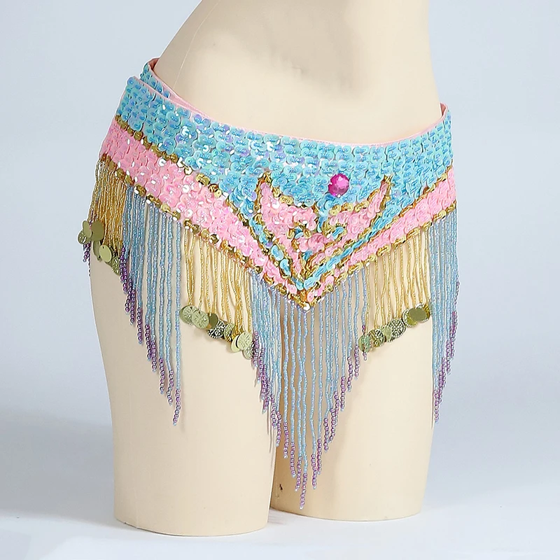 Professional Belly Dance Waist Belt Adjustable Fit Colored Beads Sequins Belt for Belly Dance