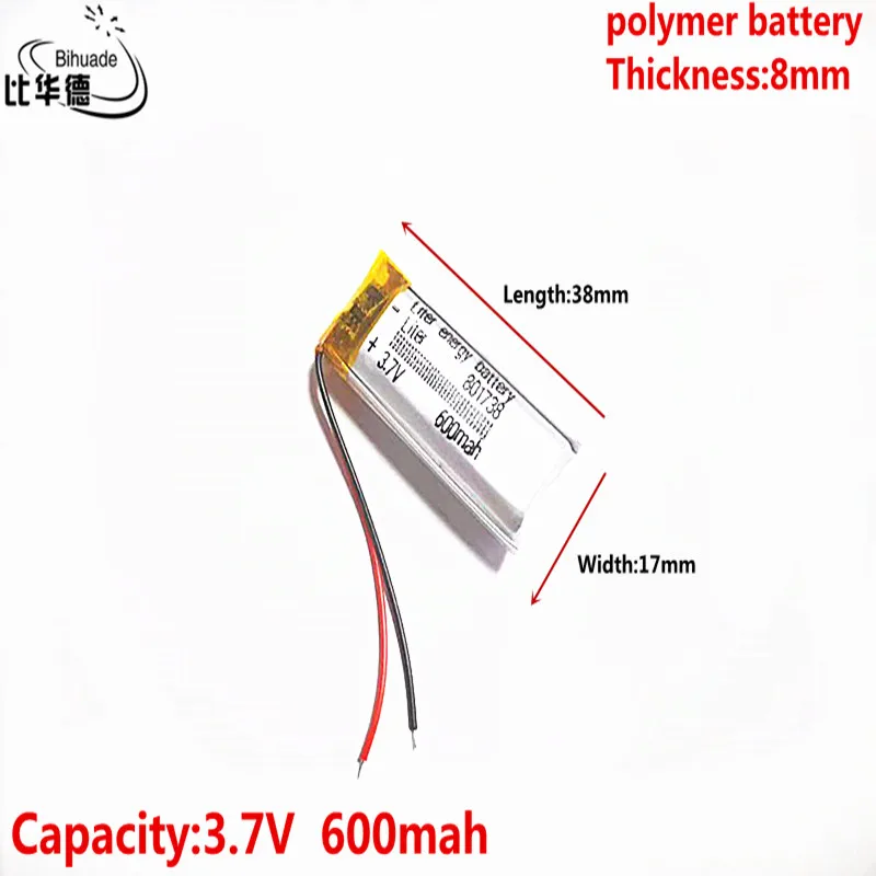 3.7v 600mah 801738リチウムポリマー電池,mp3ヘッドフォンパッド用充電式バッテリー,DVD Bluetoothカメラ