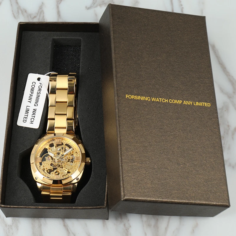 Forsining 8157 Luxury Gold Series Transparent Case 3D Logo Stainless Steel Automatic Self Wind Men Mechanical Skeleton Watches