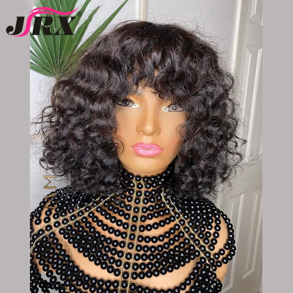 Loose Curly Human Hair Fringe Wigs for Women Peruvian Remy Curly Full Machine Made Short Bob Human Hair Wigs with Bangs