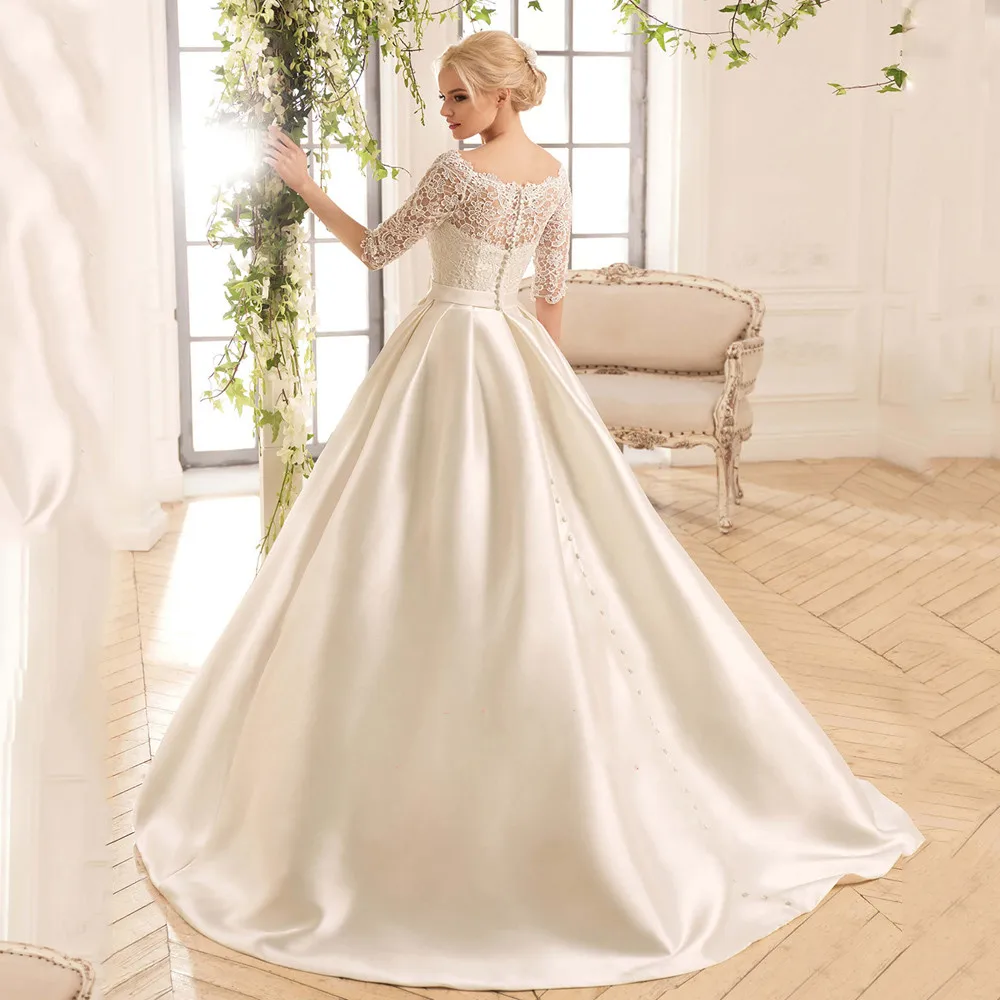 Khiêm Tốn Ren Satin Váy Cưới Muỗng Cổ Nửa Tay Bầu Càn Quét Tàu Cô Dâu Váy Đầm Vestido Noiva