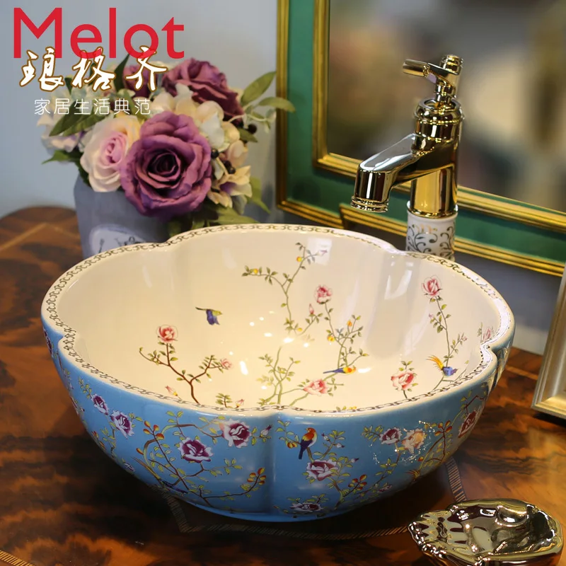 Ceramic Table Basin Flower Petal-Shaped Wash Basin European Style Wash Basin Art Basin Wash Basin Bird Language Flower Language