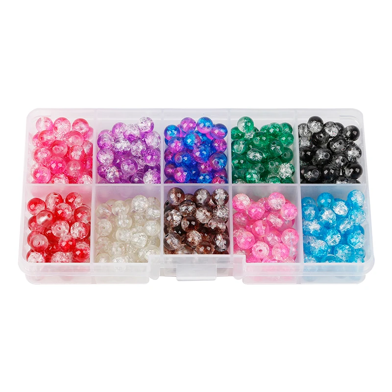 Craft DIY  Crackle Art Crystal Glass Round Charm Beads Set 6MM 8MM 10 Color with Organizer Box for Bracelet