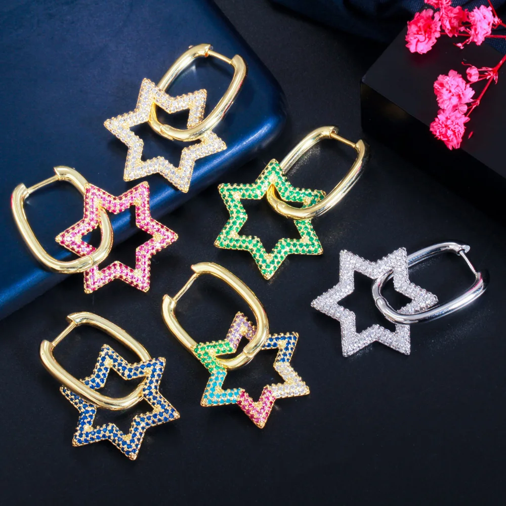Pera Unique Dangle Big Colorful Hollow Star Shape CZ Zircon 1 Piece Gold Color Hoop Earrings for Women Party Accessories E682
