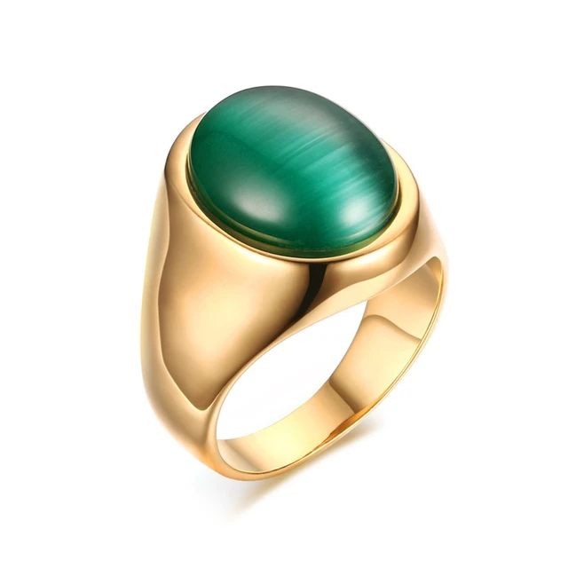 Gold Color Men s Green Oval Cat s Eye Stone Rings Stainless Steel Artificial opal Stone Ring Factory Wholesale AliExpress