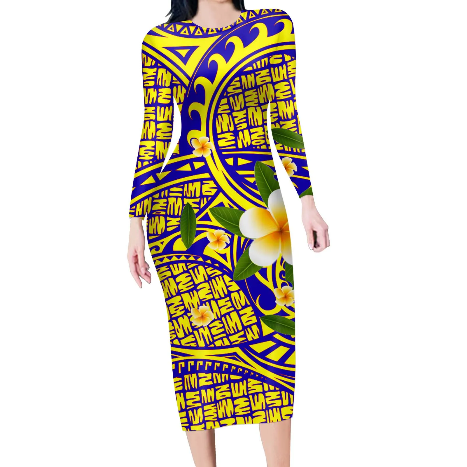 HYCOOL Hawaii Flower Polynesian Tribal Print Women Elegant Round Neck Long Sleeve Casual Vestido Party Work Office Bodycon Dress