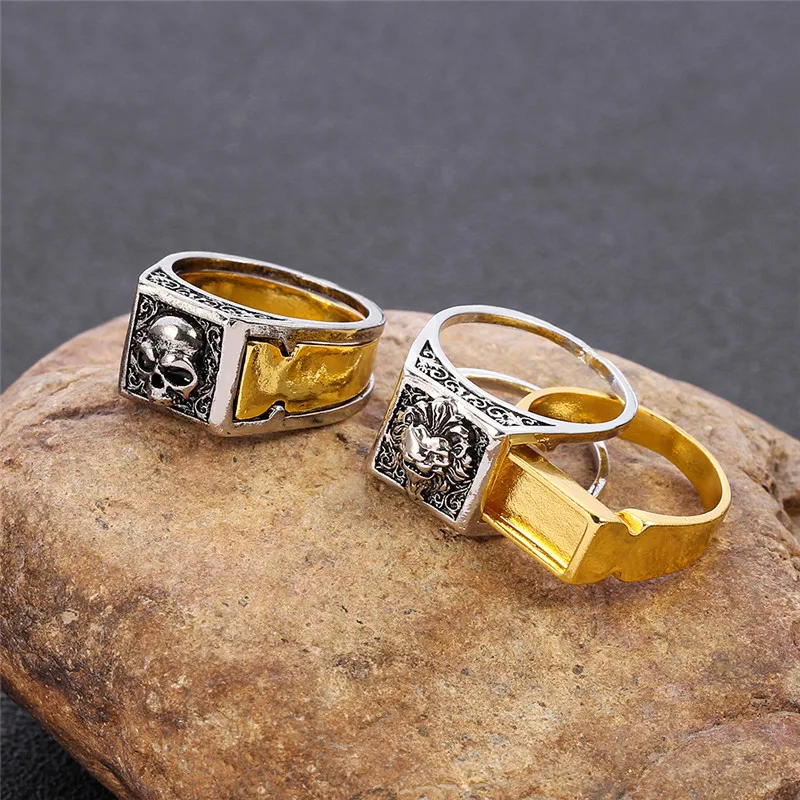 Punk Vintage Two Tone Gothic Skull Lion Men\'s Ring Secret Compartment Skeleton Biker Rings for Women Men Unique Bar Jewelry