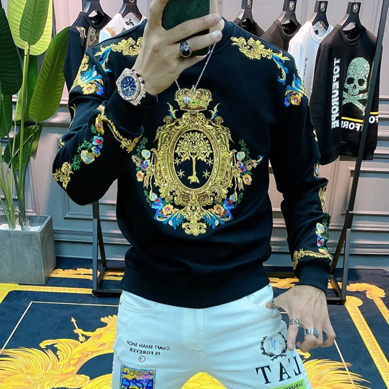 Luxury Gold Black Embroidery Sequin Crown Sweatshirts Men Sudadera Hombre Baroque Club Outwear Sweat Homme Harajuku Sweatshirt