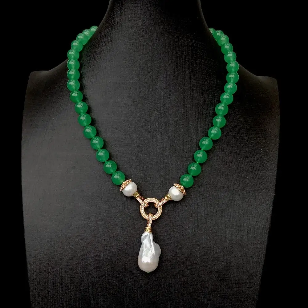 YYGEM 14x24mm white keshi Pearl Pendant 10mm Natural Green round jade Necklace view 4