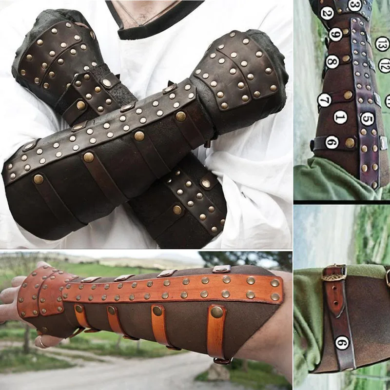 Men Women Medieval Knight Prince Cosplay Costume Armor Leather Gloves Belt Buckle Soldier Bracers Gauntlet Handguard Party Props