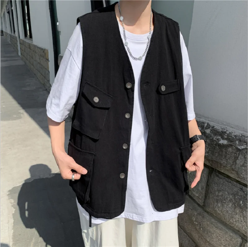 2021 Harajuku Mannen Mouwloze Schouder Vest Mannen Japanse Multi-Pocket Overjas Mannen Vest