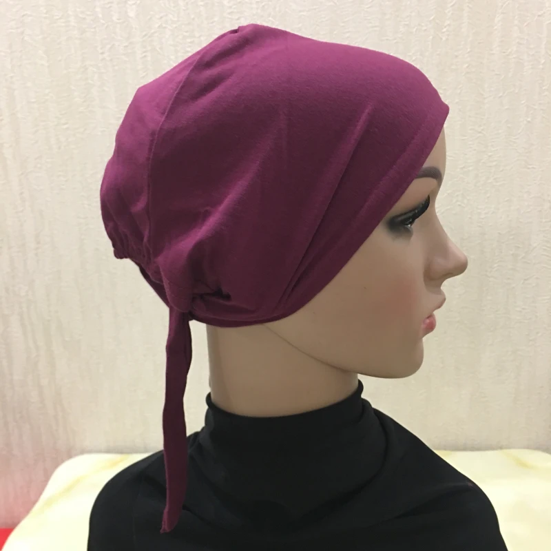 H048 Plain Cotton Tie Back Hats Muslim Turban Pure Color Stretch Inner Hijabs Underscarf Women Head Scarf Under Hijab Bonnet