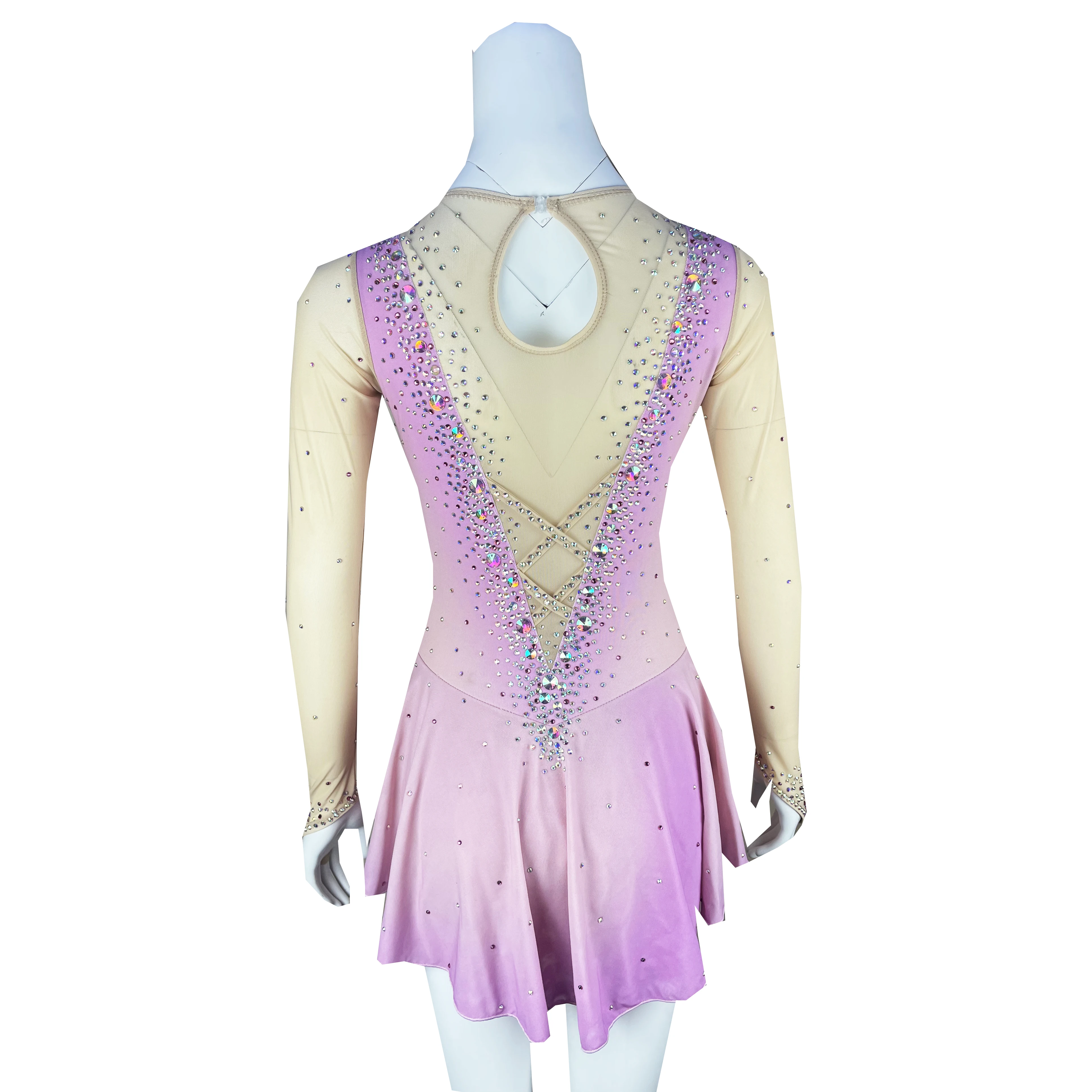Pink Figure Skating Dress Long-Sleeved Ice Skating Skirt Spandex
