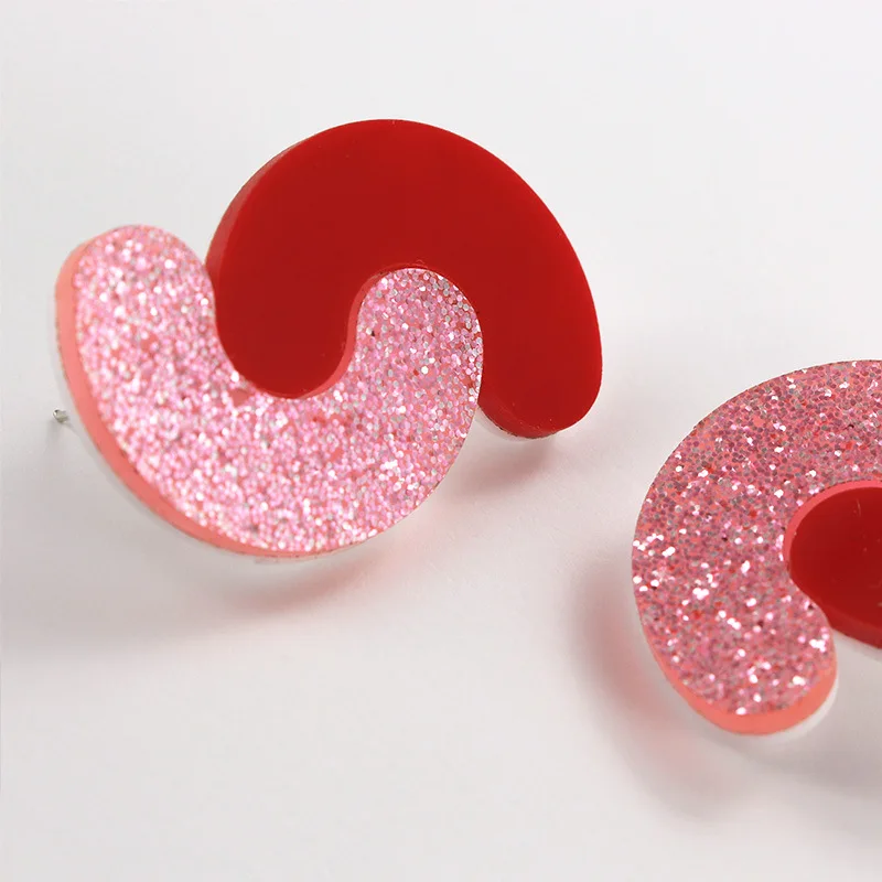 Pendientes geométricos de color rojo y rosa para mujer y niña, aretes de medio círculo con purpurina en polvo acrílico, joyería de moda, regalos