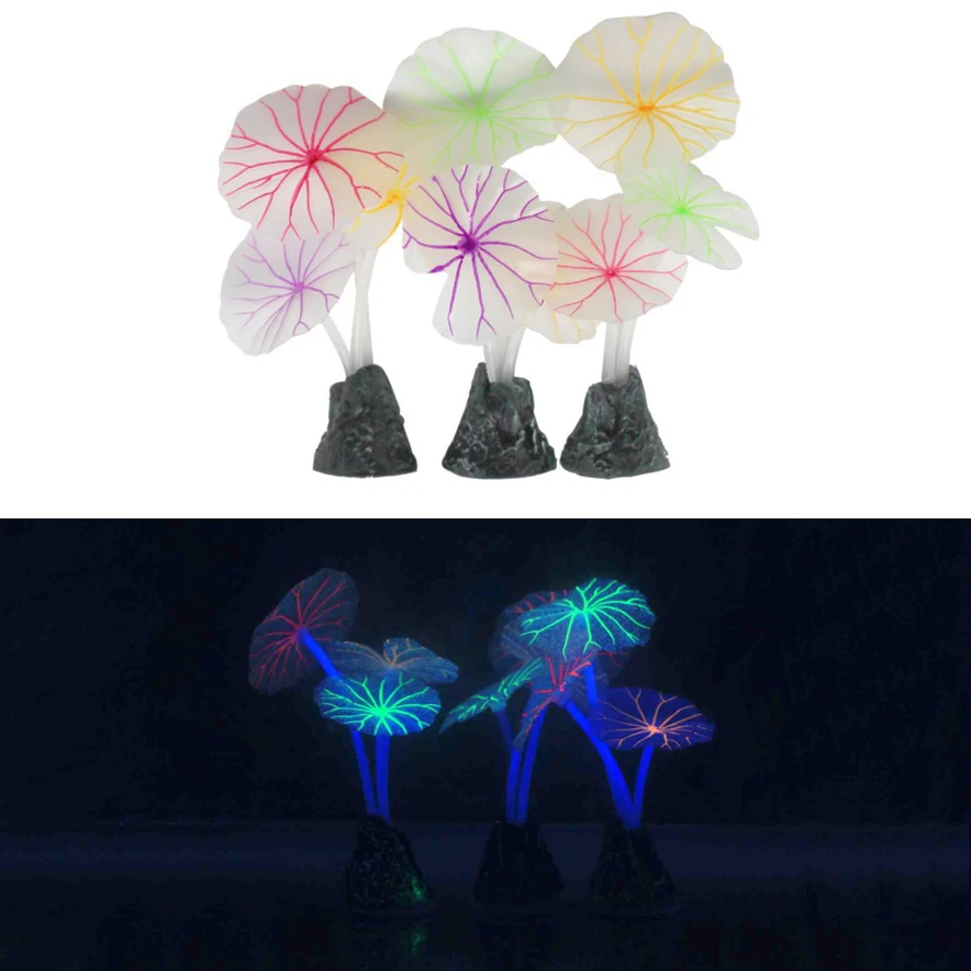 Fluorescent Artificial Glowing Lotus Leaf Mushroom Ornament Luminous Silicone Plant Aquarium Decor Fish Tank Accessories