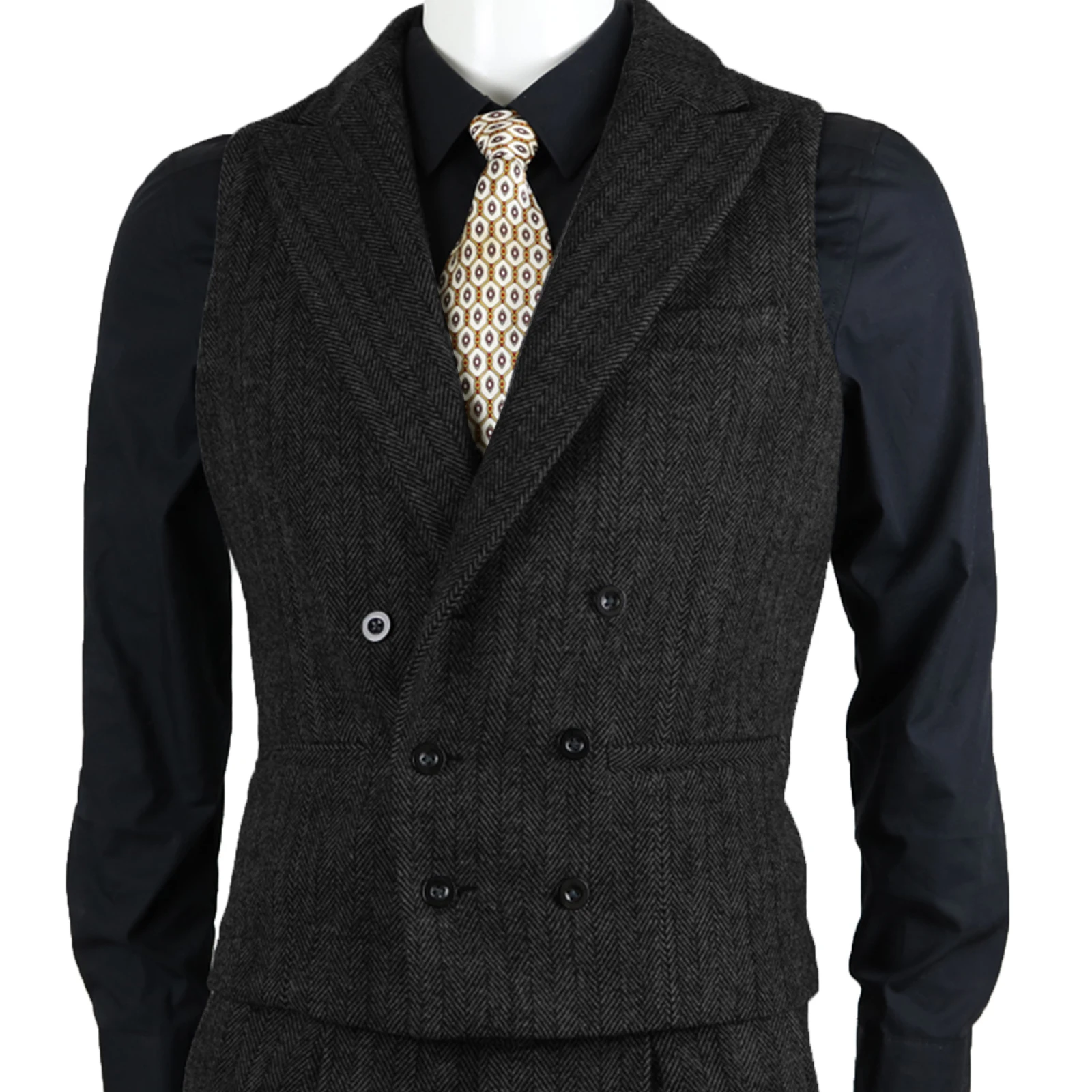 Men\'s Suit Vest Herringbone Tweed Slim Fit Waistcoat Double Breasted Sleeveless Jacket For Wedding