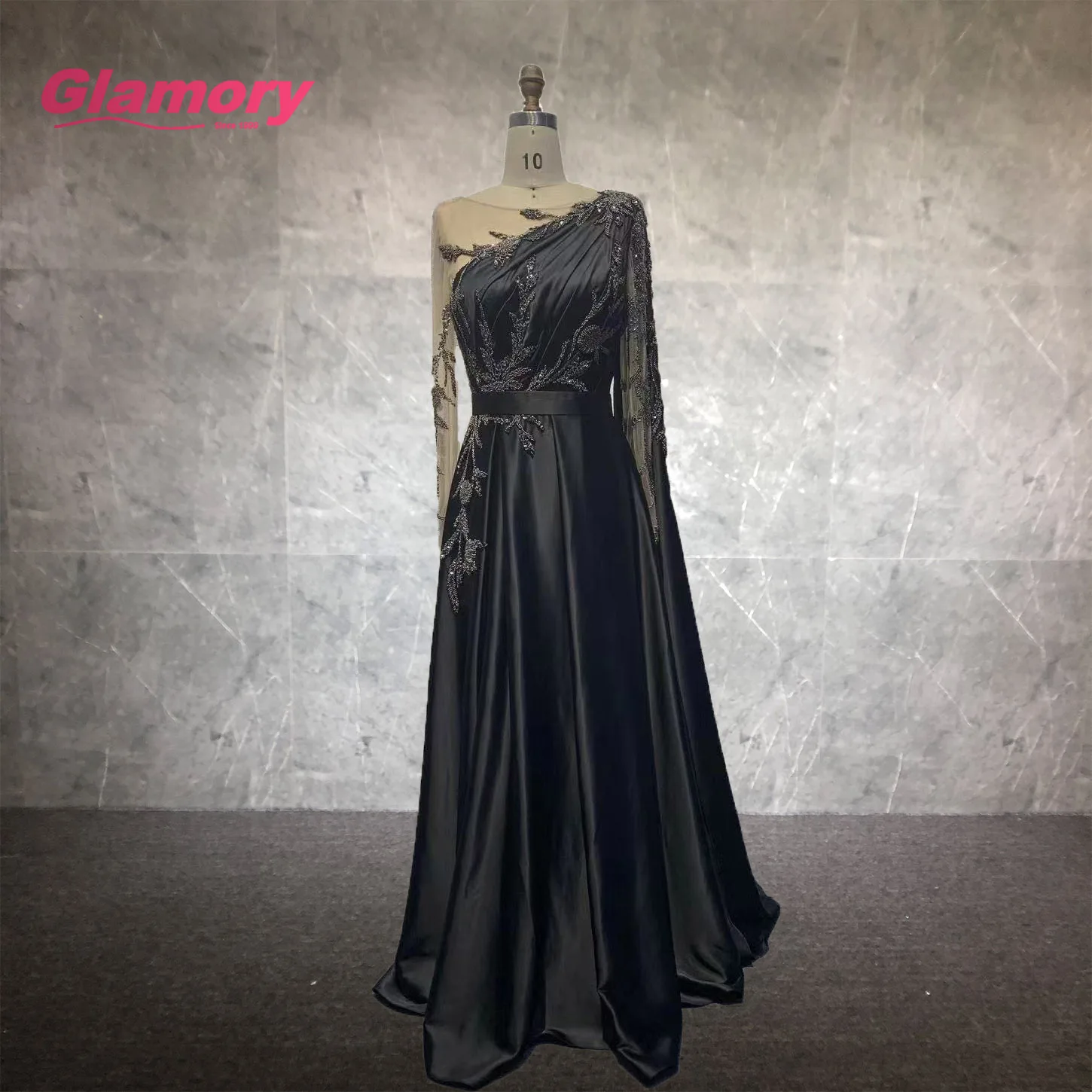 2020 New Arrival Long Sleeves Elegant Green Handmade Beading A Line Satin Prom Dress Plus Size For Woman Evening Party