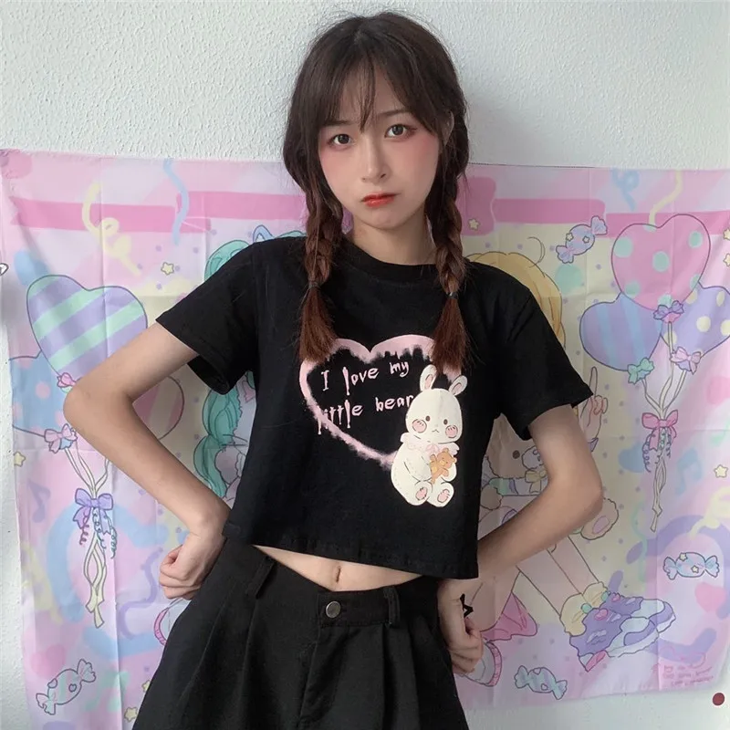 T-shirt Women's 2020 Summer New Japanese Student Short Sleeve Cute Cartoon Short High Waist Navel Top Ins Fashion school shirt