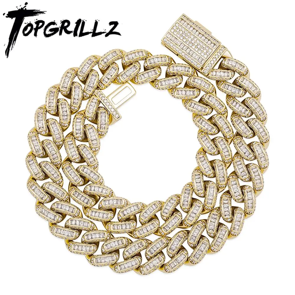 TOPGRILLZ Mens Necklace 16mm Baguette Chain High Quality Iced Micro Pave Cubic Zirconia Miami Cuban Chain Hip Hop Jewelry Gift