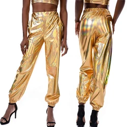 Pantalones reflectantes de cintura alta para mujer, Jogger brillante metálico, ropa de calle informal, Color holográfico, moda