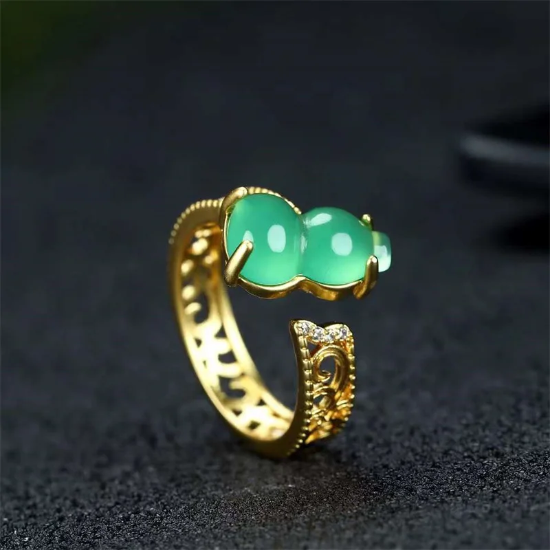 Hot Selling Natural Hand-carved Refined Copper Plating 24k Inlaid Jade Gourd Ring Fashion Jewelry Men Women Luck Gifts