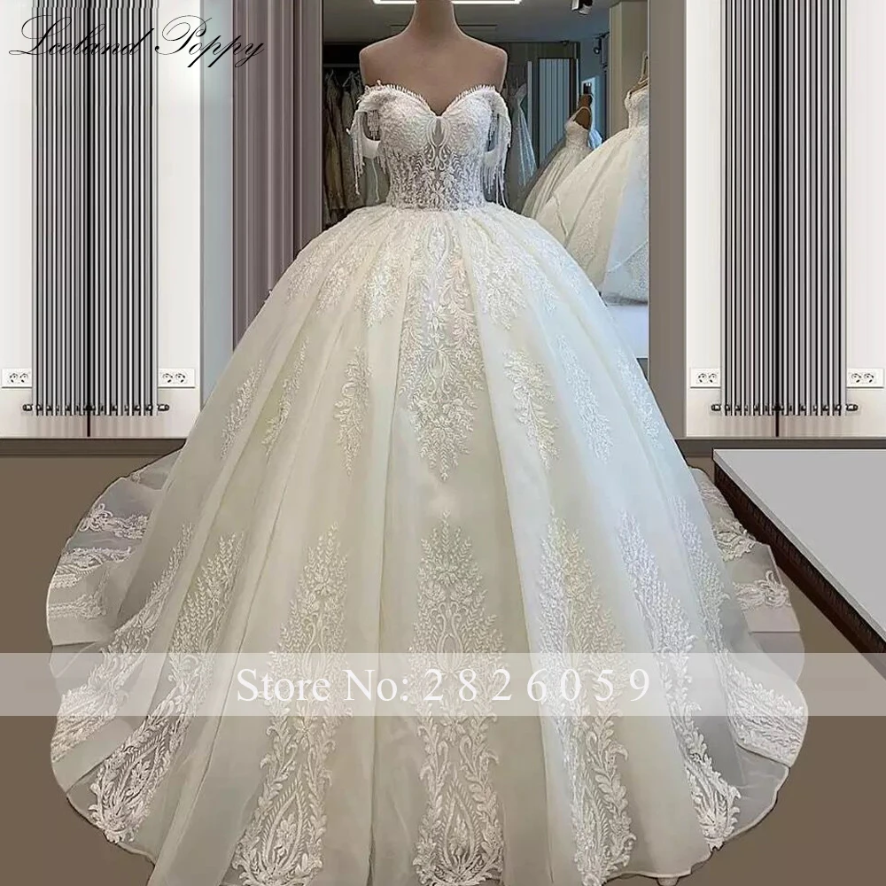 Lceland Poppy Customized Ball Gown Wedding Dresses Boat Neck Floor Length Beaded Lace Appliques Bridal Gowns