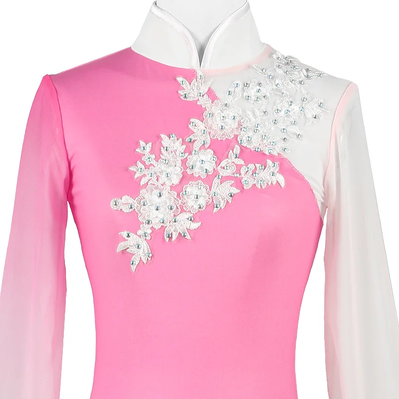 Figure Skating Dress Hanfu Ice Figure Skating Skirt Chinese Elements Beijing Opera Pink Gradient White Flower Shiny Rhinestones