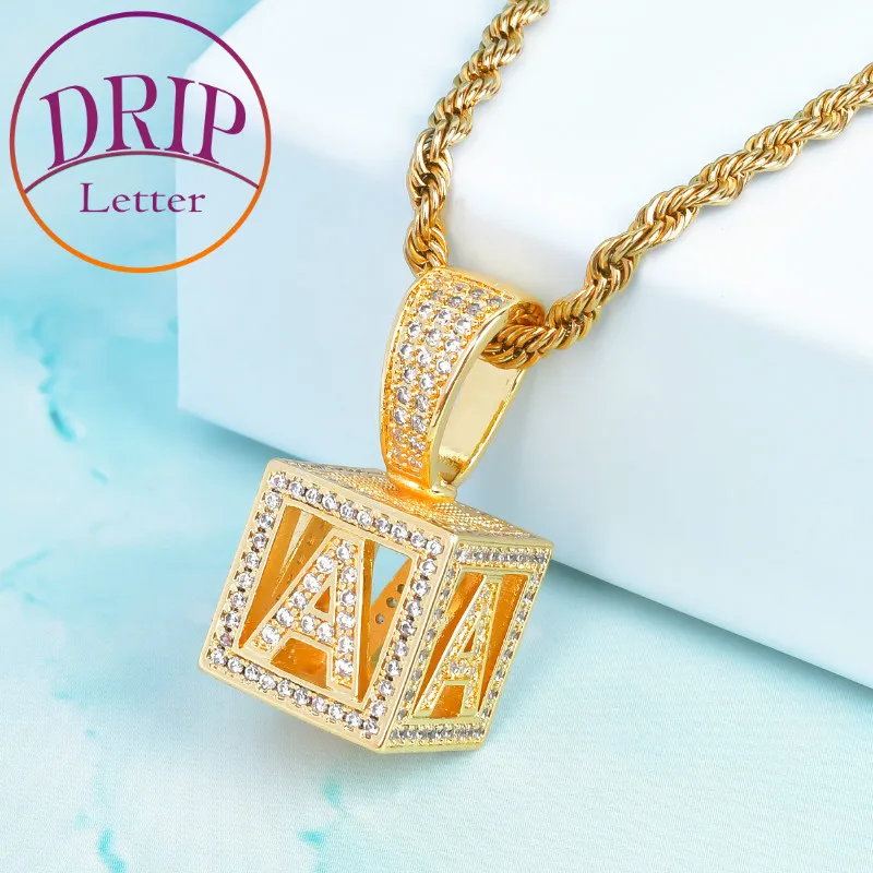 Single Stereoscopic Square Letter Gold Color Cubic Zircon Pendant Men Women Hip Hop Necklace Jewelry