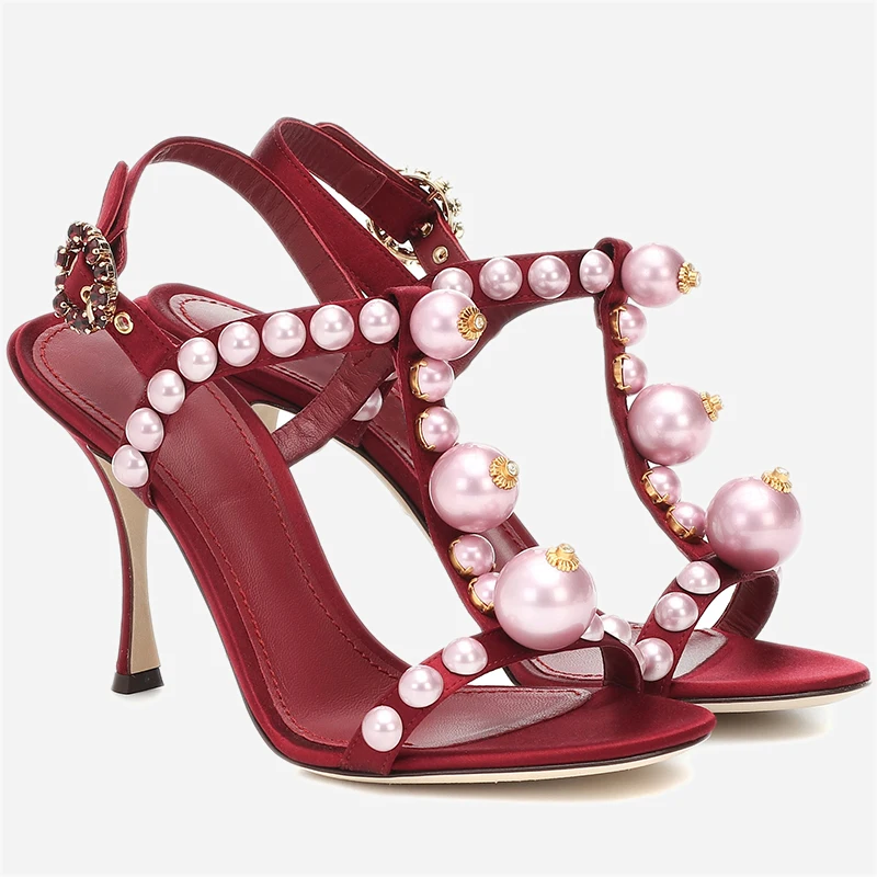 

Summer Women Pearl Sandals Fashion Thin High Heels Pumps Woman Party office Shoes Red Wine T Strap Wedding Heels