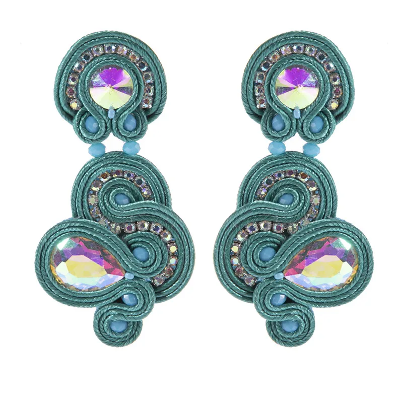 Handmade Soutache Dangle Earrings women\'s Jewelry Ethnic Boho  shiny crystal Colorful Earring ‘S’ shape Trendy design pink blue